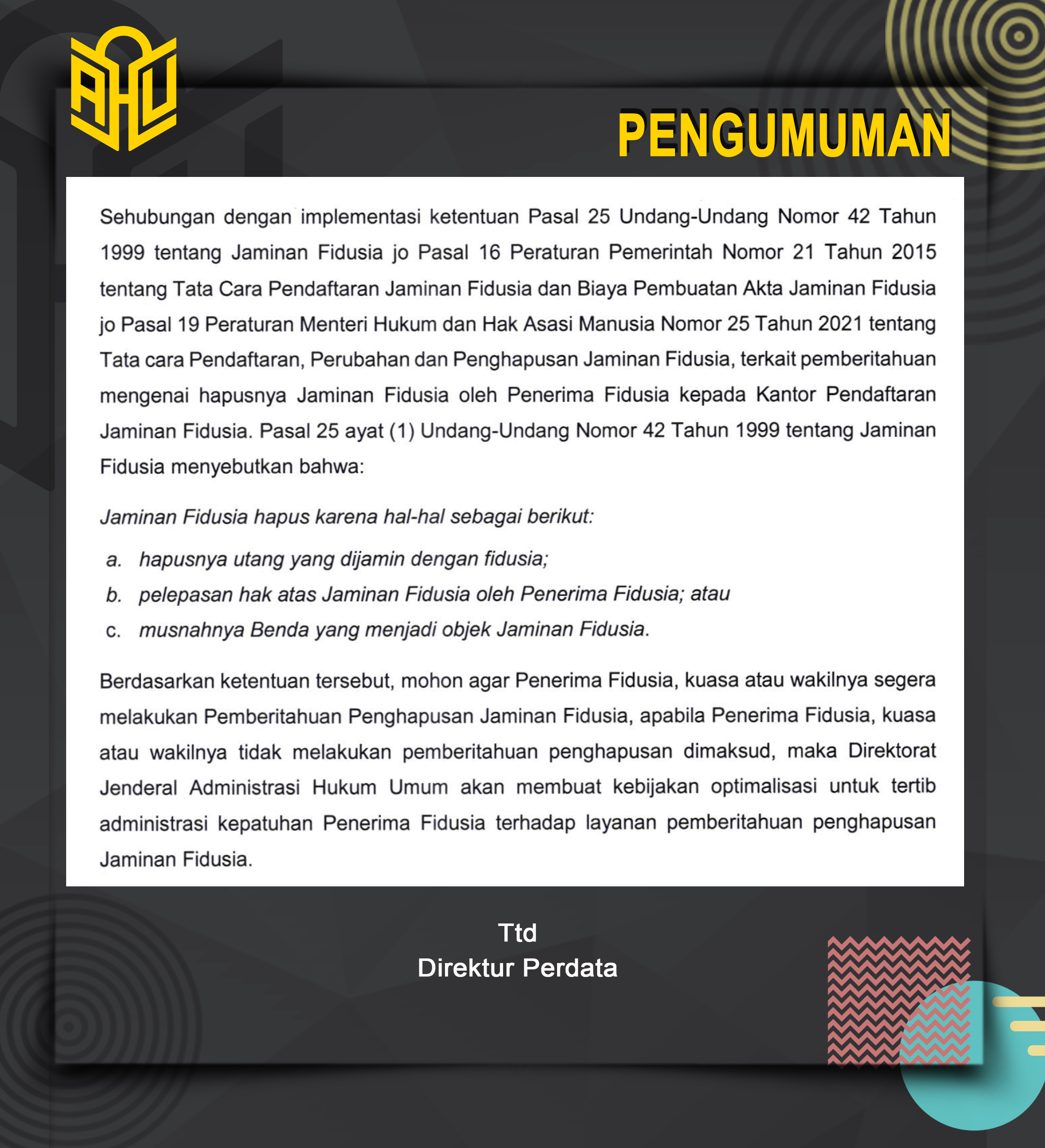 Pengumuman Perubahan dan Penghapusan Jaminan Fidusia